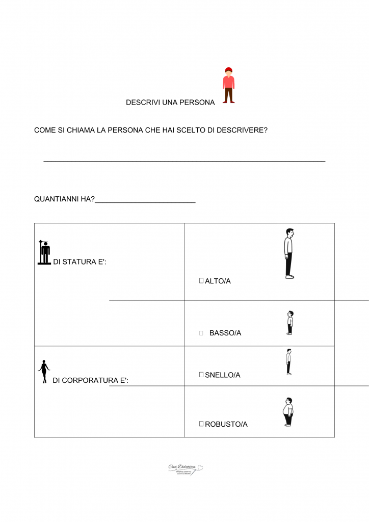 Scheda didattica con schema facile per la produzione del testo descrittivo: descrivi una persona. Attraverso lo schema il bambino scegli, usando le immagini, le caratteristiche salienti della persona che vuole descrivere e alla fine leggendo lo schema si avrà il testo descrittivo.
