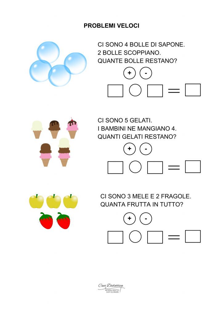 ESEMPIO DI SCHEDA DIDATTICA SEMPLIFICATA PER LA RISOLUZIONE DEI PROBLEMI CON IMMAGINI. ADATTA PER INSEGNANTI DI SOSTEGNO PRIMARIA. L'ALUNNO SCEGLIE L'OPERAZIONE INDICANDO IL SEGNO ADATTO TRA QUELLI PROPOSTI E SVOLGE IL CALCOLO NELLA RIGA PER L'OPERAZIONE GUIDATA.
